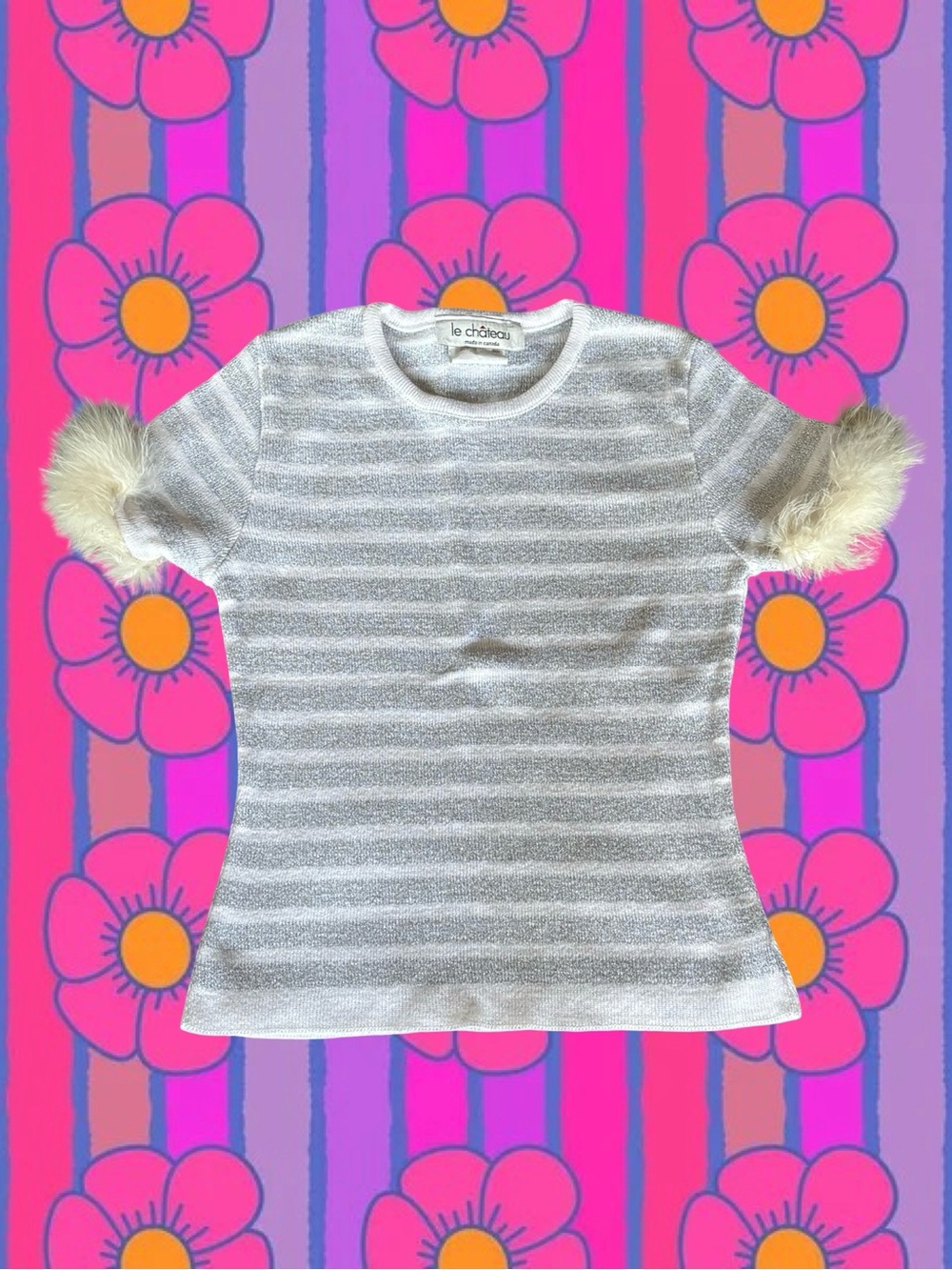 Le chateau Silver and White Striped Short Sleeve Knit Top with Faux Fur Cuffs